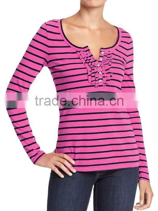 Womens striped long sleeve t shirt with ruffled placket