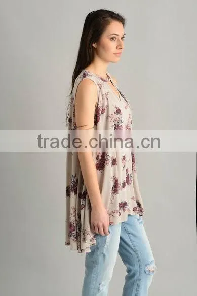 Custom womens Floral Sleeveless Long Style Swing Tops,Fashion Cotton Printed Sleeveless Blouses For Women