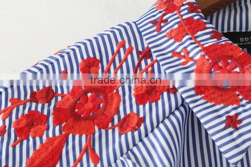 High quality Womens 100% Cotton Long sleeve Embroidery Strip Shirt