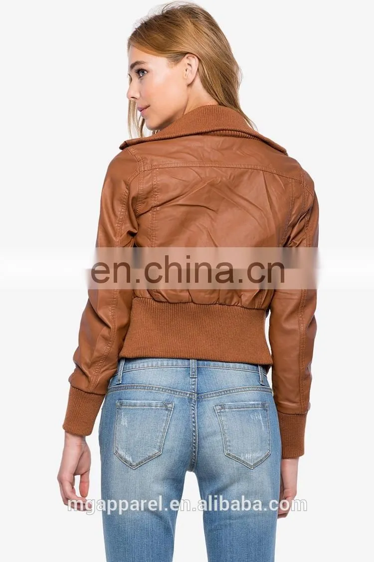 New fashion ribbed knit trim 100% PU leather bomber jacket for women