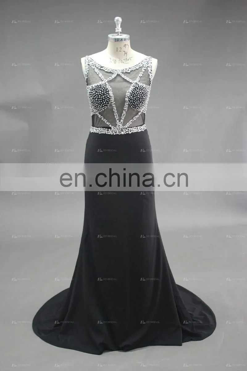 Real Pictures Beaded See Through Top Sheath Long Black Evening Dress