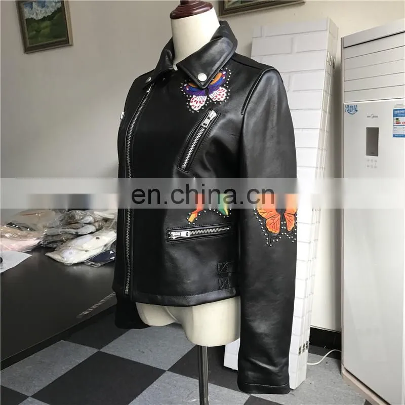 Hot Selling OEM Fashion Latest Womens Jackets Short Sheep Skin Moto Biker Leather Jacket