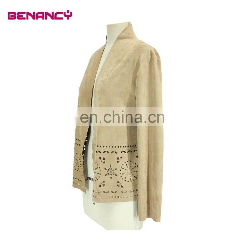 Laser Cut Suede Women Cardigan Office Wear