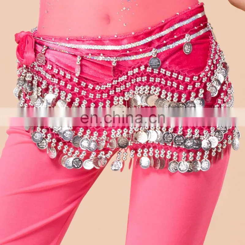 Y-2005 Indian 256 silver coins performance velvet belly dance hip scarf with multy color