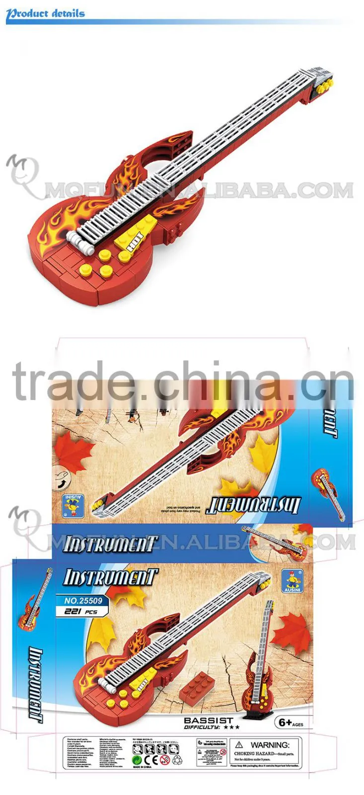 Mini Qute DIY kid cute kawaii musical instrument Bass guitar action figure plastic model building block educational toy NO.25509