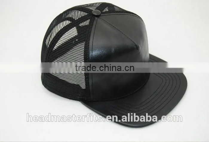 high quality black trucker cap/pu blank plain mesh cap