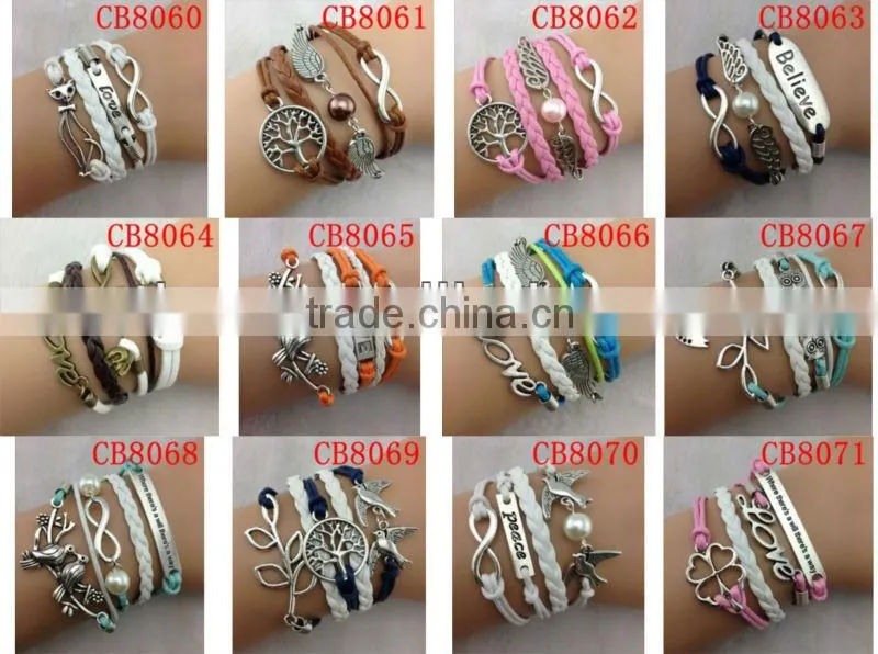 CB8172 pink wax rope anchor sliver leather bracelet wedding decoration