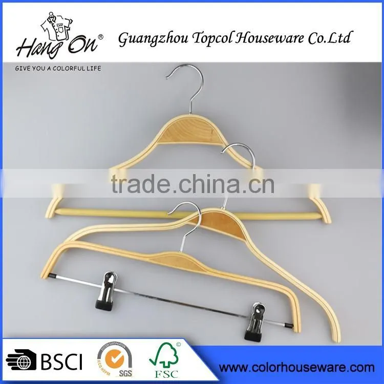Bulk Cheap Laminated clothed wooden hanger With Clips