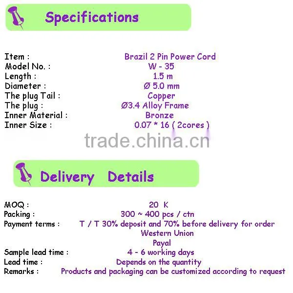 Copper conductor thailand power cord plug