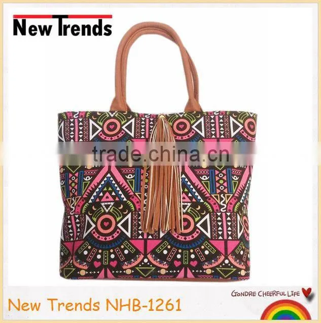 Canvas tribal printing rectangle shape handbag with the PU handle