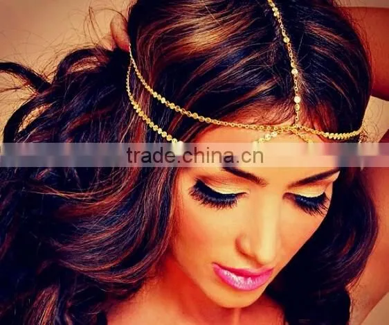 New Women Simple BOHO Style Gold Plated Shining Handcraft Metal Coins Charming Hair Jewelry Head Chain