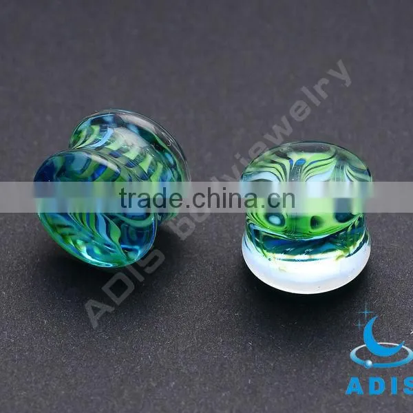 Blue White Petal Flower Piercing Glass Ear Plugs