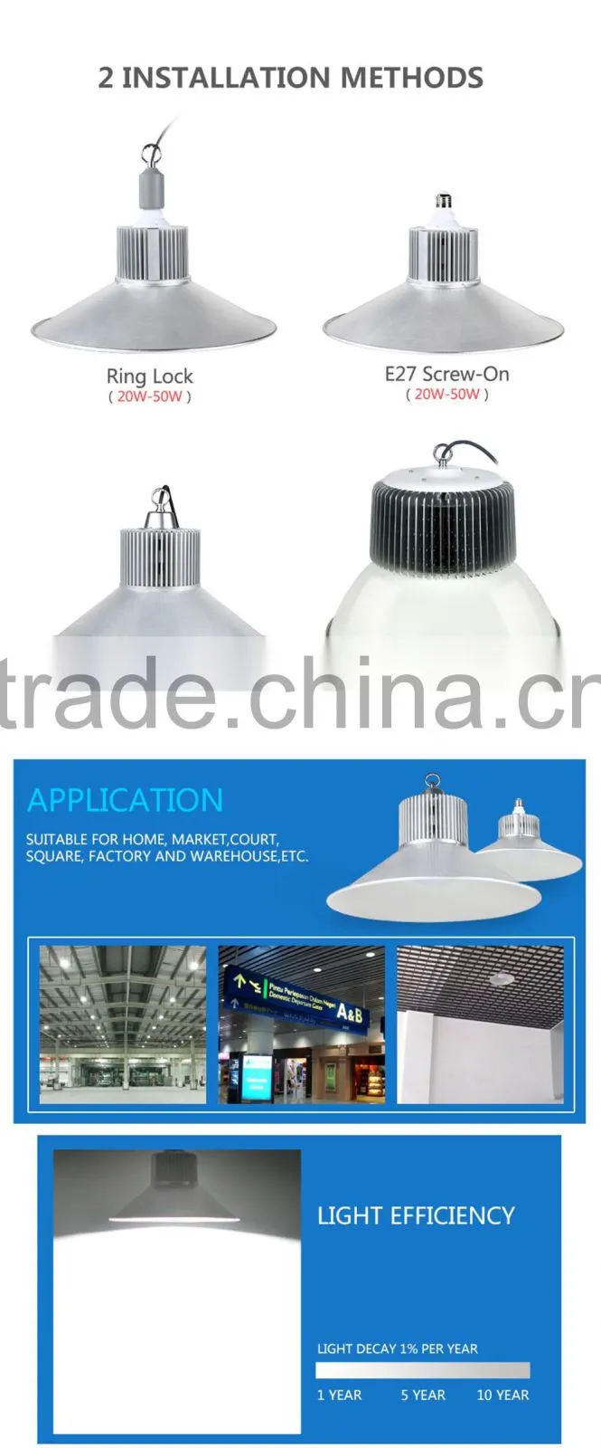 Warehouse Workshop Garage E27 20W 30W 50W 60W 100W 120W 150W 180W High Lumen Industrial LED High Bay Light
