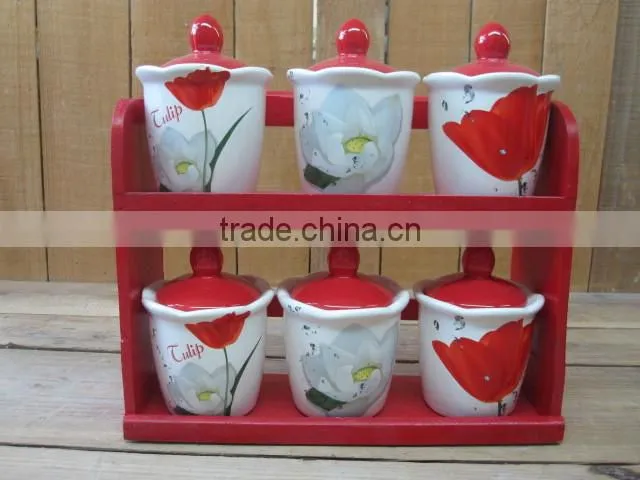 Useful Ceramic Kitchen Condiment Shaker and Dispenser Bottle Set with Tray