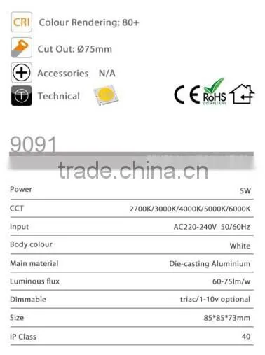 ON9091 2016 best selling 5w square led recessed spotlight