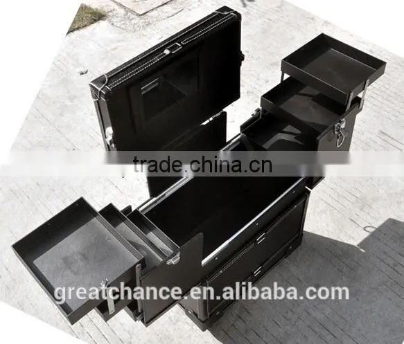 Black Leather Like Professional Aluminum Rolling Cosmetic Case Makeup Trolley
