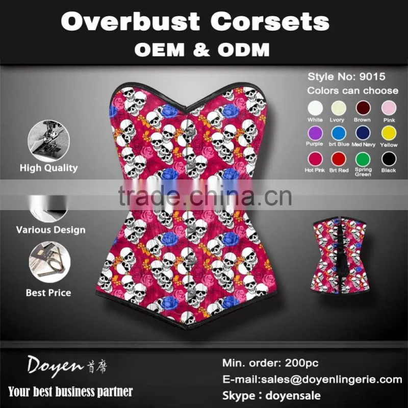2016 new skull steel boned waist cinchers front zipper corset