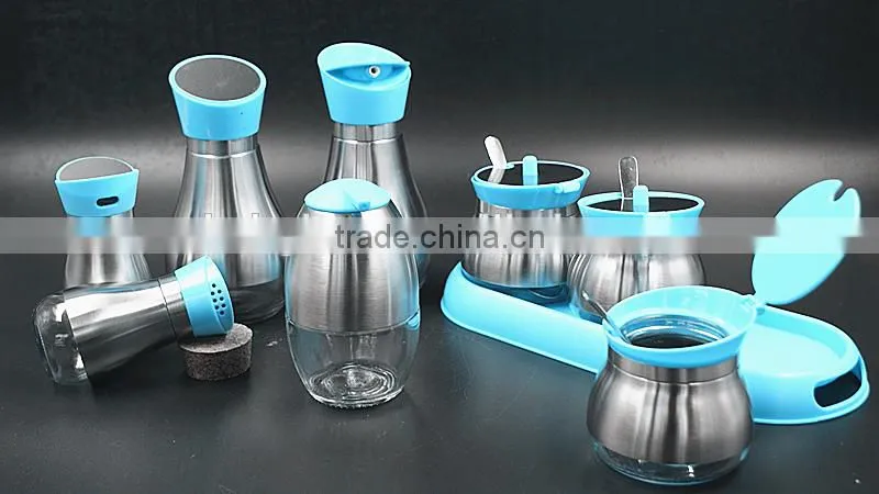 Set of 3 glass spice jar salt bottle condiment jar with stainless steel coat