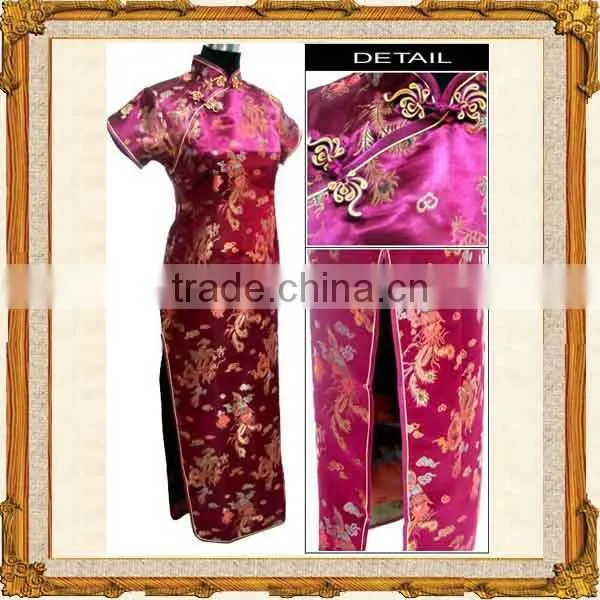 Chinese traditional red short sleeve long length cheongsam