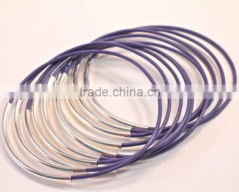 silver tube leather bracelet, 10pcs stacking leather bangle bracelet, new design thin leather bracelet