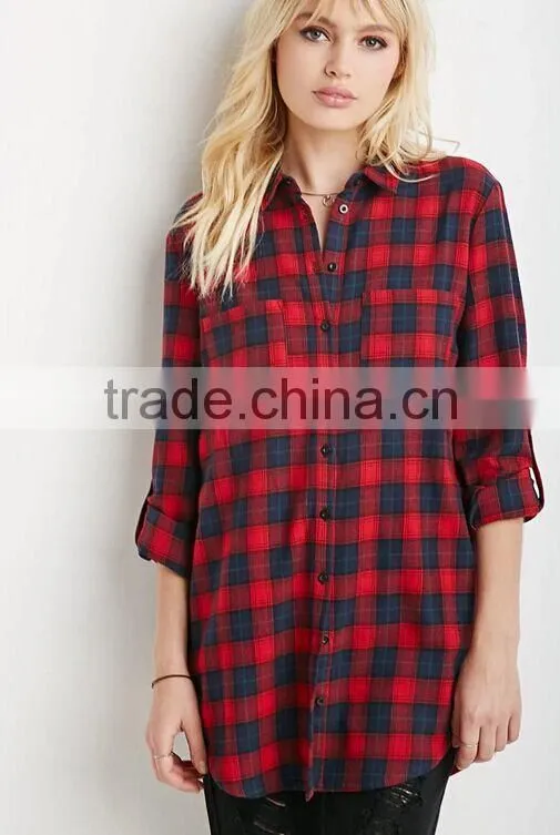 Longline Plaid Flannel Shirt High quality blouse OEM women's shirts