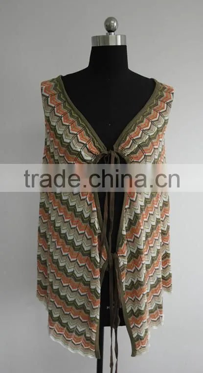Fashion ladies stripe knitted 12gg poncho sweater