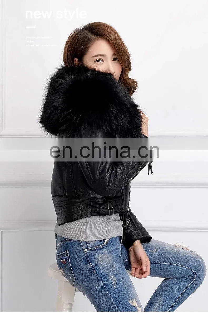 2017 High Quality Large Fluffy Real Raccoon Fur Collar Jacket Coat Lady Winter Sheepskin Genuine Sheep Leather Jacket Women