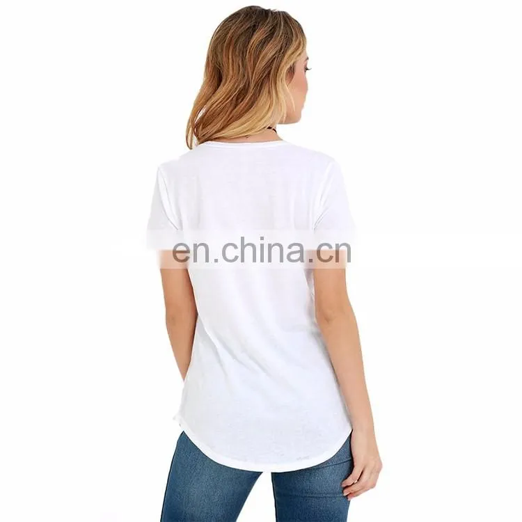 China Factory Custom Printing Short Sleeve Girl Cotton T Shirt V-neck White Tee Woman Lady Shirt
