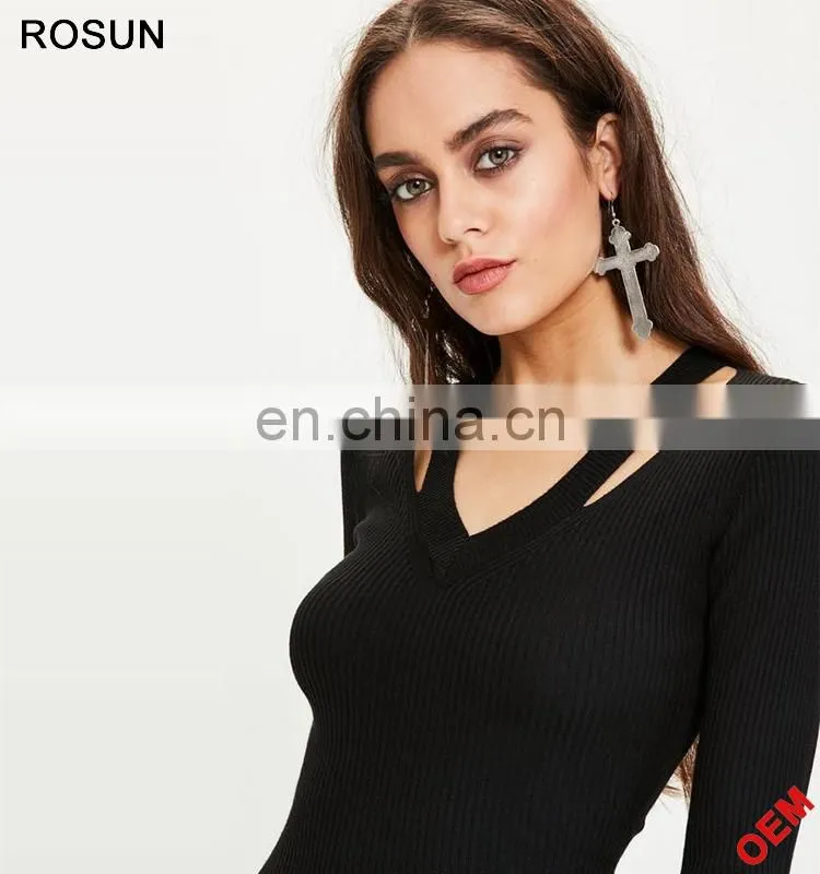 ROSUN China Factory OEM Cut Out V Neck Ribbed Midi Sweater Dress