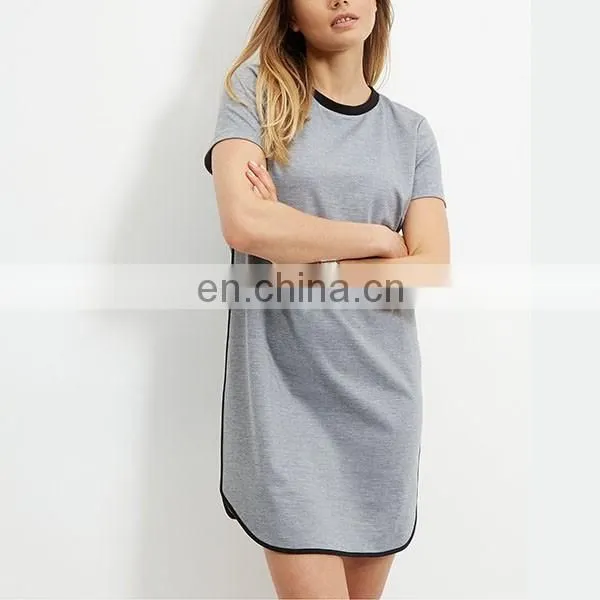 Latest Grey Contrast Trim T-Shirt Dress Short Sleeve Fashion Women Long T-shirt