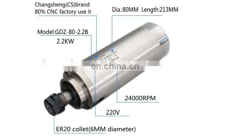 HONGJUN CNC Engraving & Milling Machine field 2.2KW 220V ER20 80MM water cooling spindle motor, 4pcs bearing.