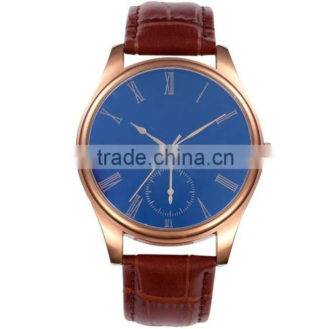Luxury blue face concise style leather watch, classic rose gold plated men's watch, Japan movement quartz watch