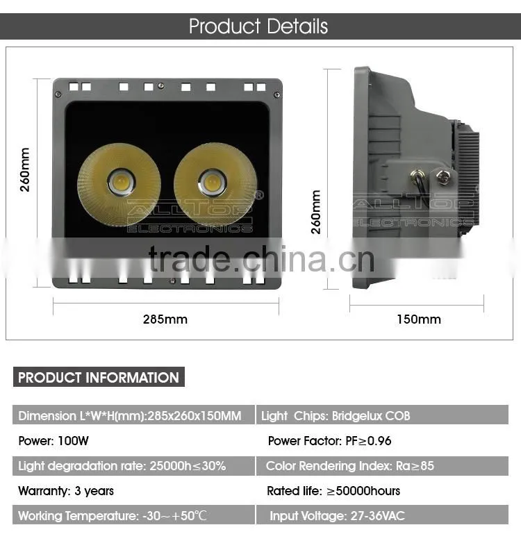 Waterproof outdoor ip66 bridgelux cob 100w led flood light