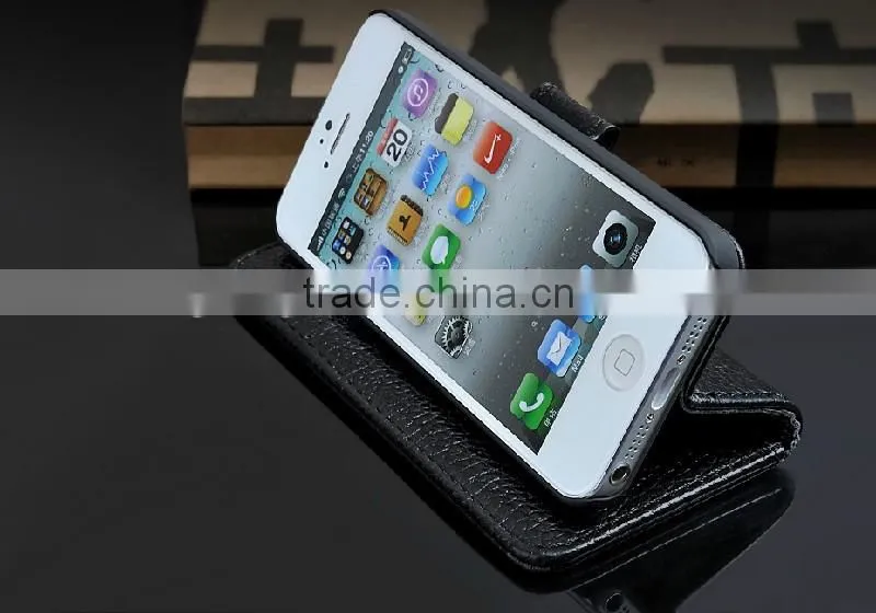 Luxury business style Litchi Vein cowhide leather case hot selling wallet case for iphone 5