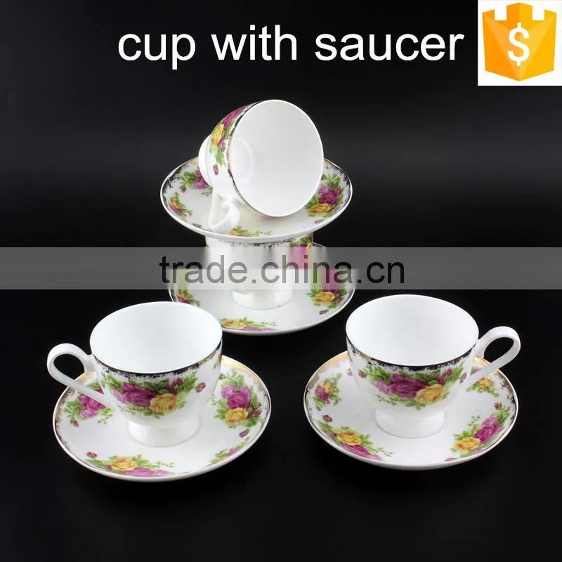 With Flower Decal Round Shape Porcelain Cup 200ml Bone China Coffee Cup with Saucer