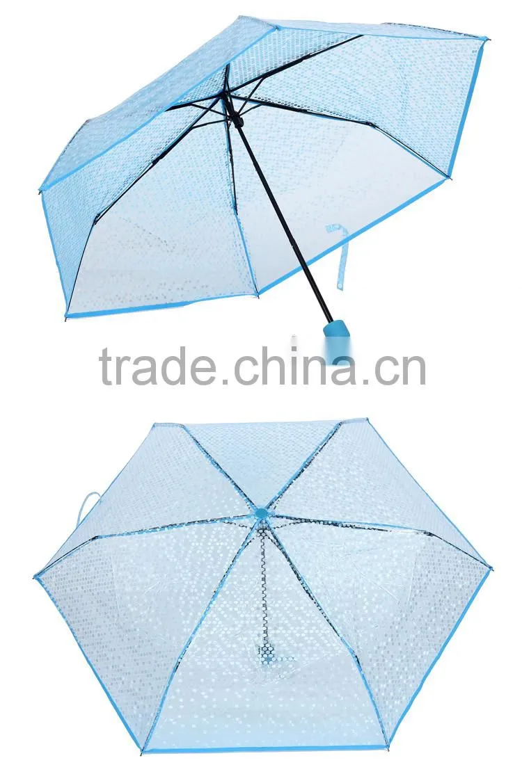 3-fold transparent telescopic dotted 10C POE candy color brand umbrella