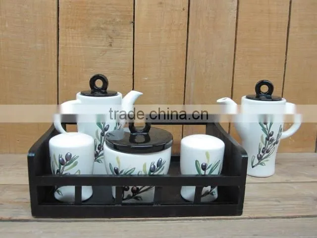 New olive ceramic table service condiment set with salt and pepper shaker