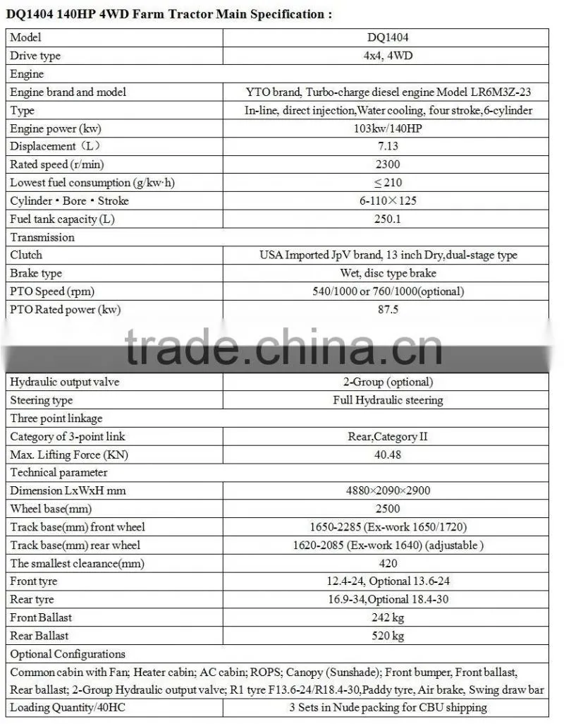 2016 hot selling DQ1404 140HP 4WD Wheel Tractor with Canopy