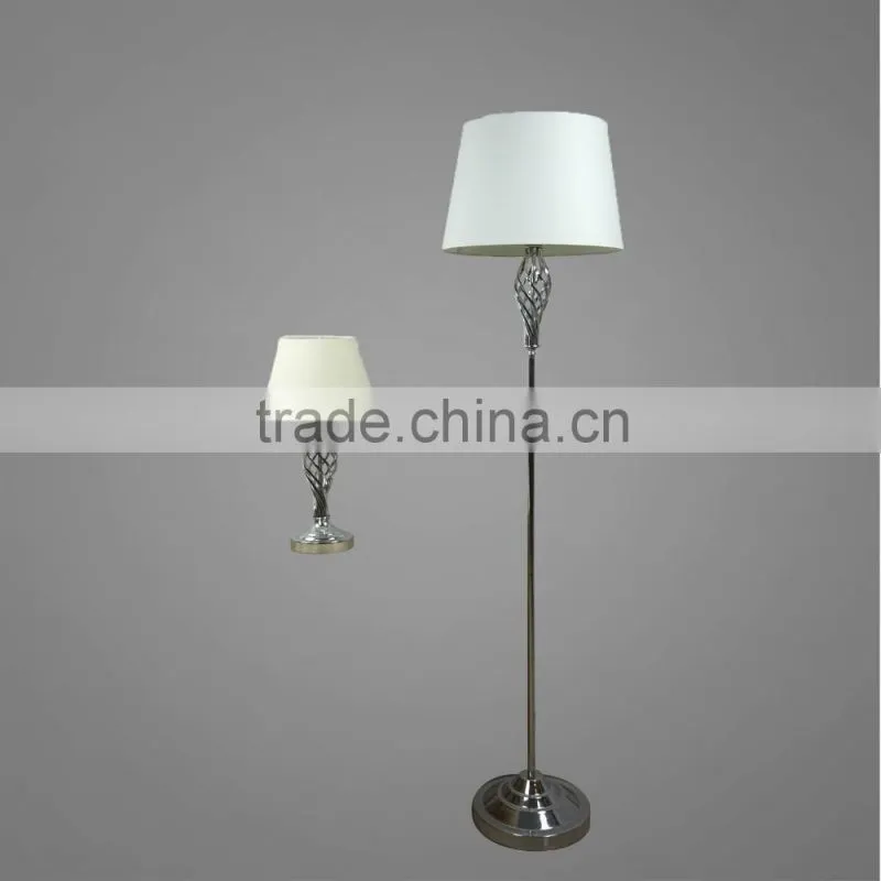 Chrome Plated Metal Base And Body With White Fabric Lampshade Floor Lamp And Table Lamp