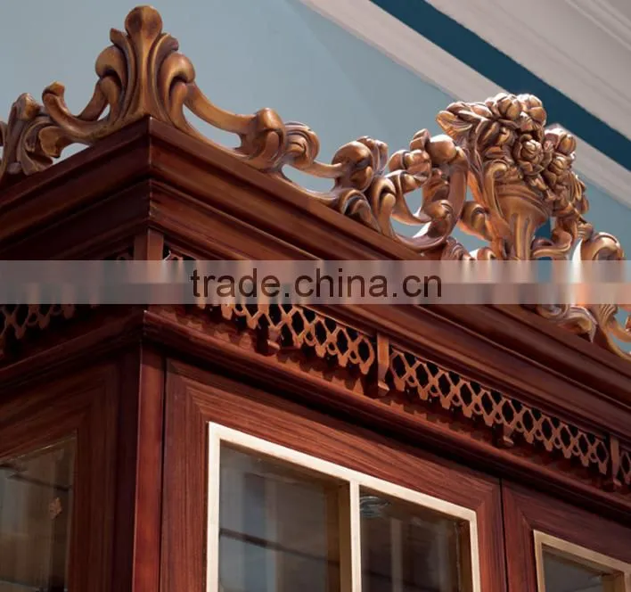 Neoclassic wooden home furniture solid wood flower carving two glass doors living room display cabinet
