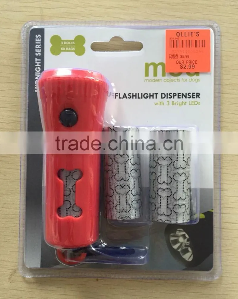Pet plastic LED flashlight dispenser with pet waste bags