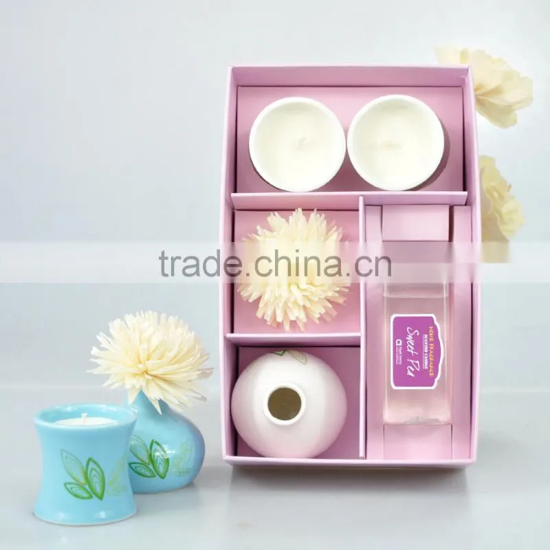 2015 hot fragrance ceramic diffuser gift set with sola flower soy candle