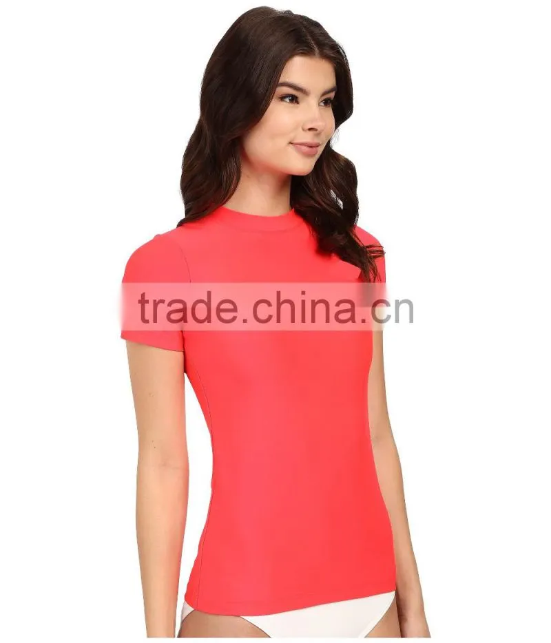 OEM Swimwear And Beachwear Core Loose Short Sleeve Rashguard UPF 50 Skinny High Neck Swimsuit Surf Swim Rash Guard Shirt Lady