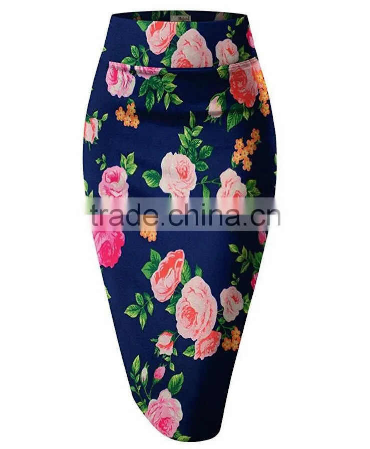 Office Wear Long Skirt Flattering Fit Pencil Tight Knee Length Stretchy Beautiful Prints Sexy Skirt For Middle-Aged Women