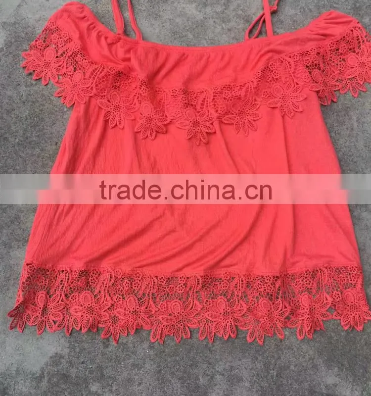Stocklots ladies lace plain red boat neck t-shirts