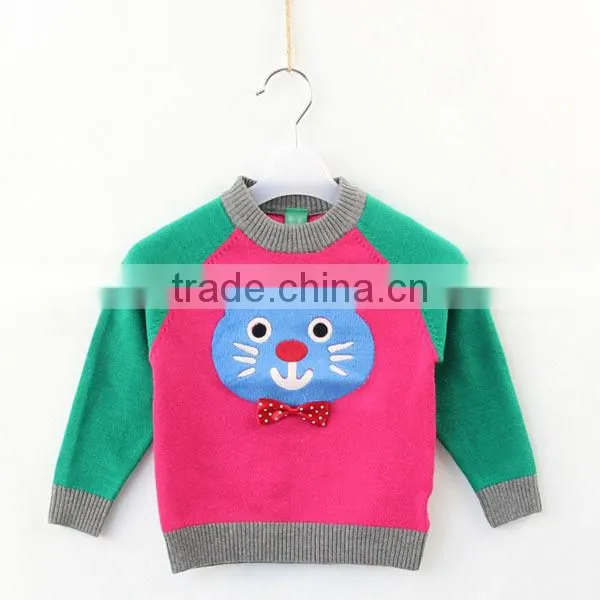 Cartoon style baby knitting sweater raglan sleeve contrast color pullover