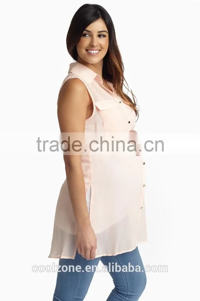 100% Polyester double pocket front chiffon blouse for maternity nursing clothes