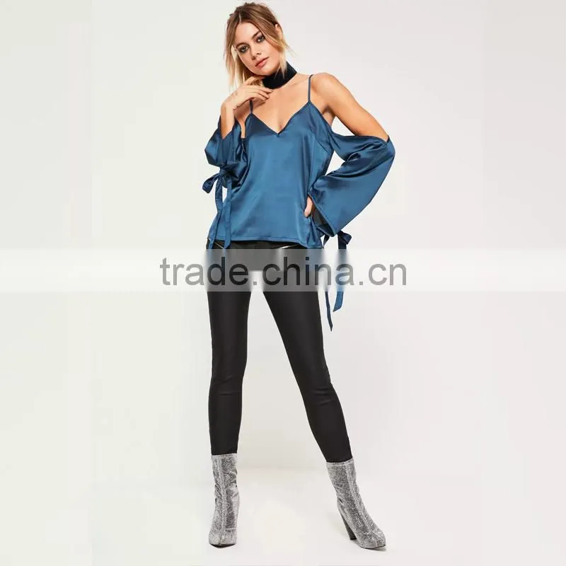 Stylish sweet girl blouses cold shoulder long sleeve satin tops