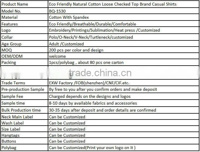 Eco Friendly Natural Cotton Loose Checked Top Brand Casual Shirts