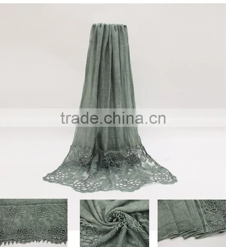 New fashion concise style plain dyed linon viscose thin flower lace trim ribbon hijab scarf